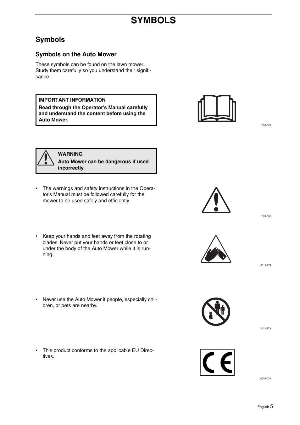 Symbols, Symbols on the auto mower | Husqvarna 2003-06 User Manual | Page 4 / 50