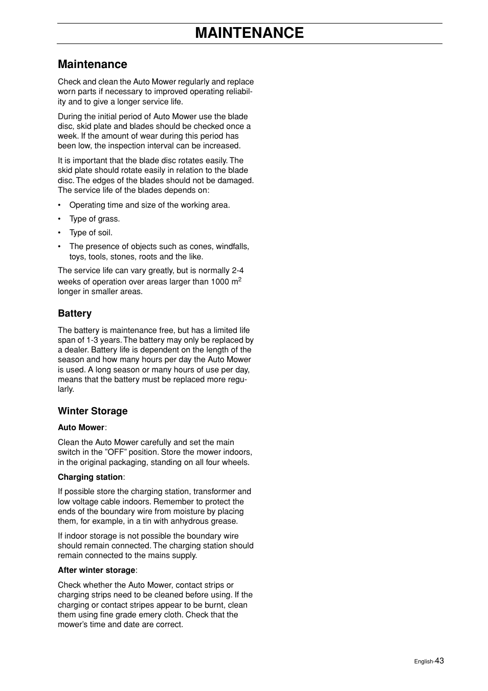 Maintenance, Battery, Winter storage | Husqvarna 2003-06 User Manual | Page 42 / 50