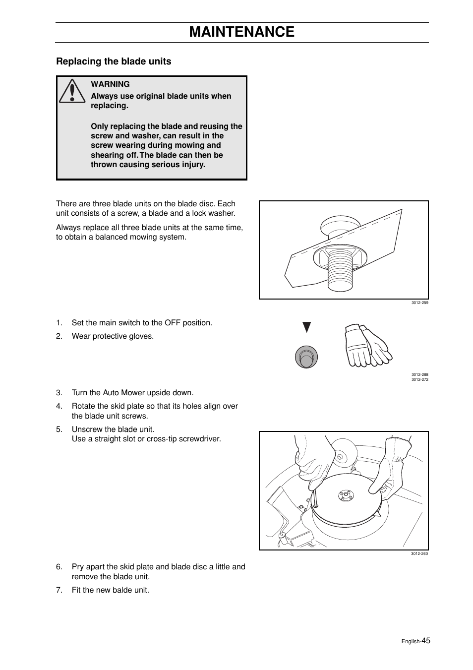 Replacing the blade units, Maintenance | Husqvarna 2003-06 User Manual | Page 44 / 50