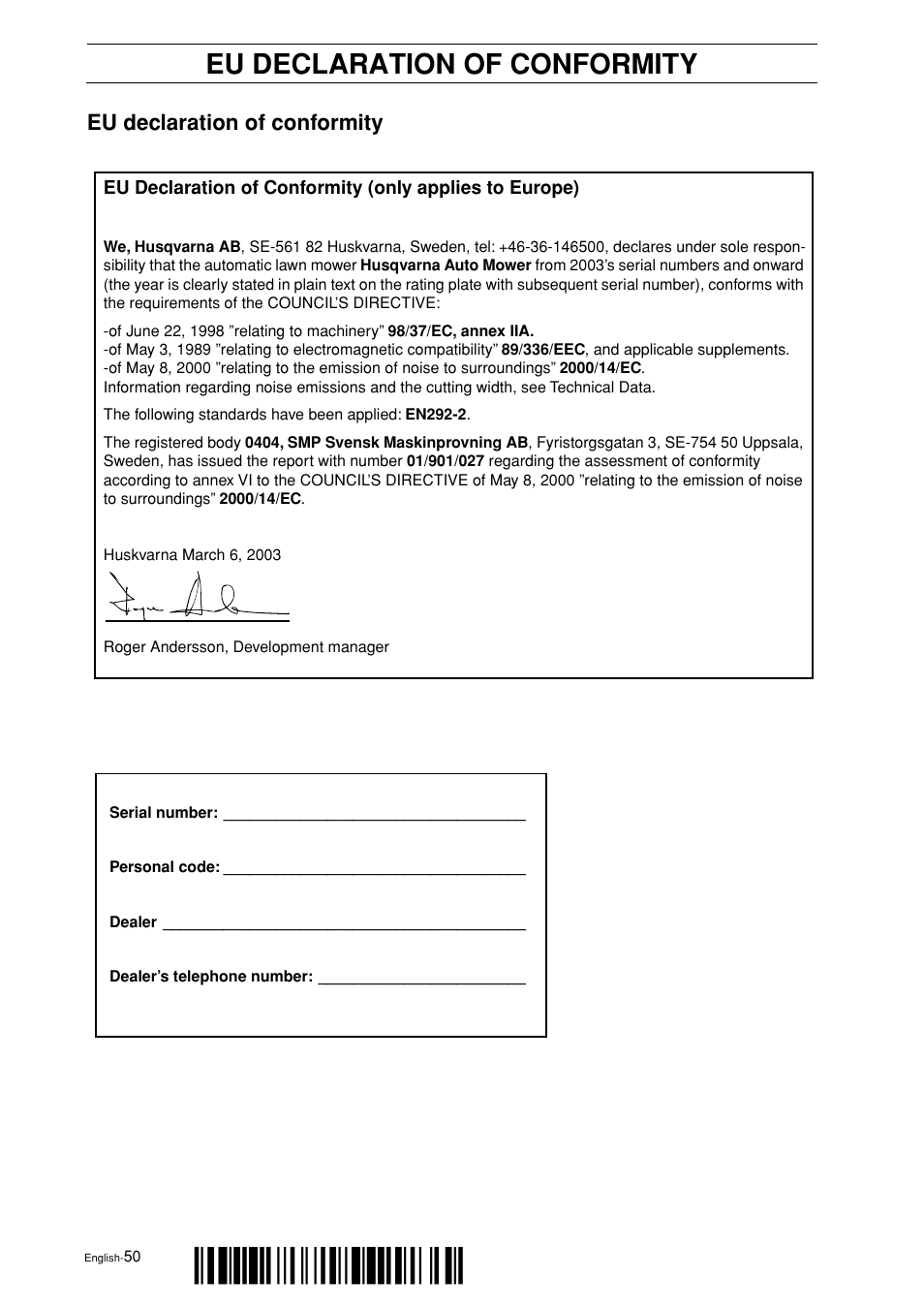 Z+h.r¶6, Eu declaration of conformity | Husqvarna 2003-06 User Manual | Page 49 / 50