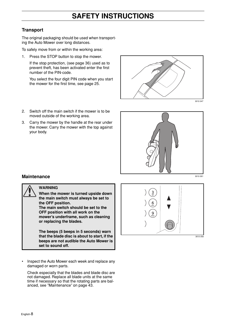 Transport, Maintenance, Safety instructions | Husqvarna 2003-06 User Manual | Page 7 / 50