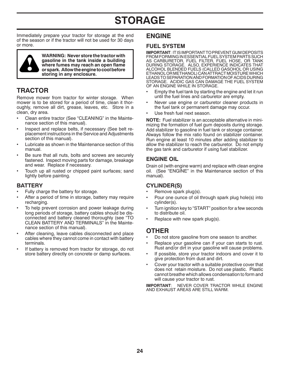 Storage, Tractor, Engine | Other | Husqvarna 2146XLS User Manual | Page 24 / 46