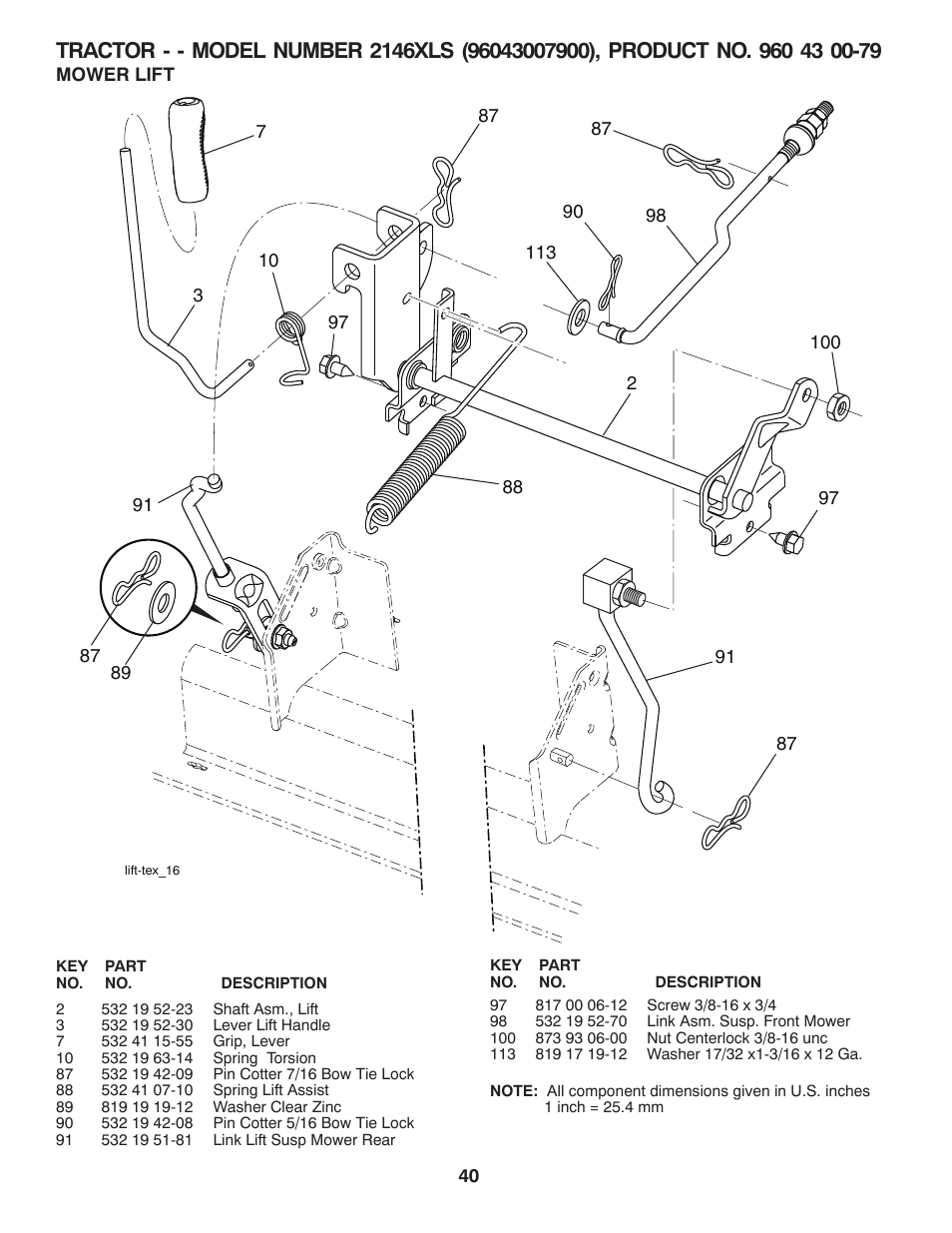 Mower lift | Husqvarna 2146XLS User Manual | Page 40 / 46