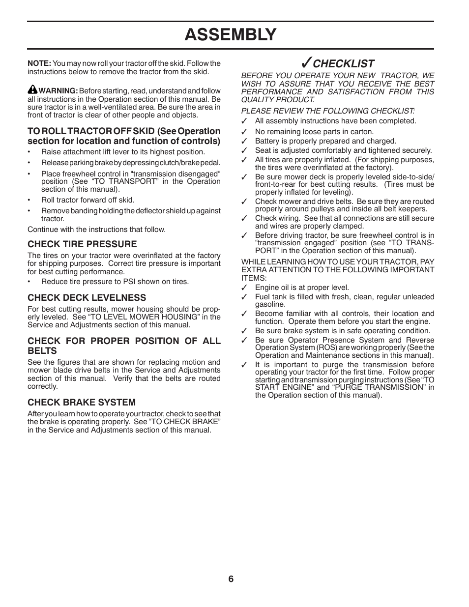 Assembly, Checklist | Husqvarna 2146XLS User Manual | Page 6 / 46