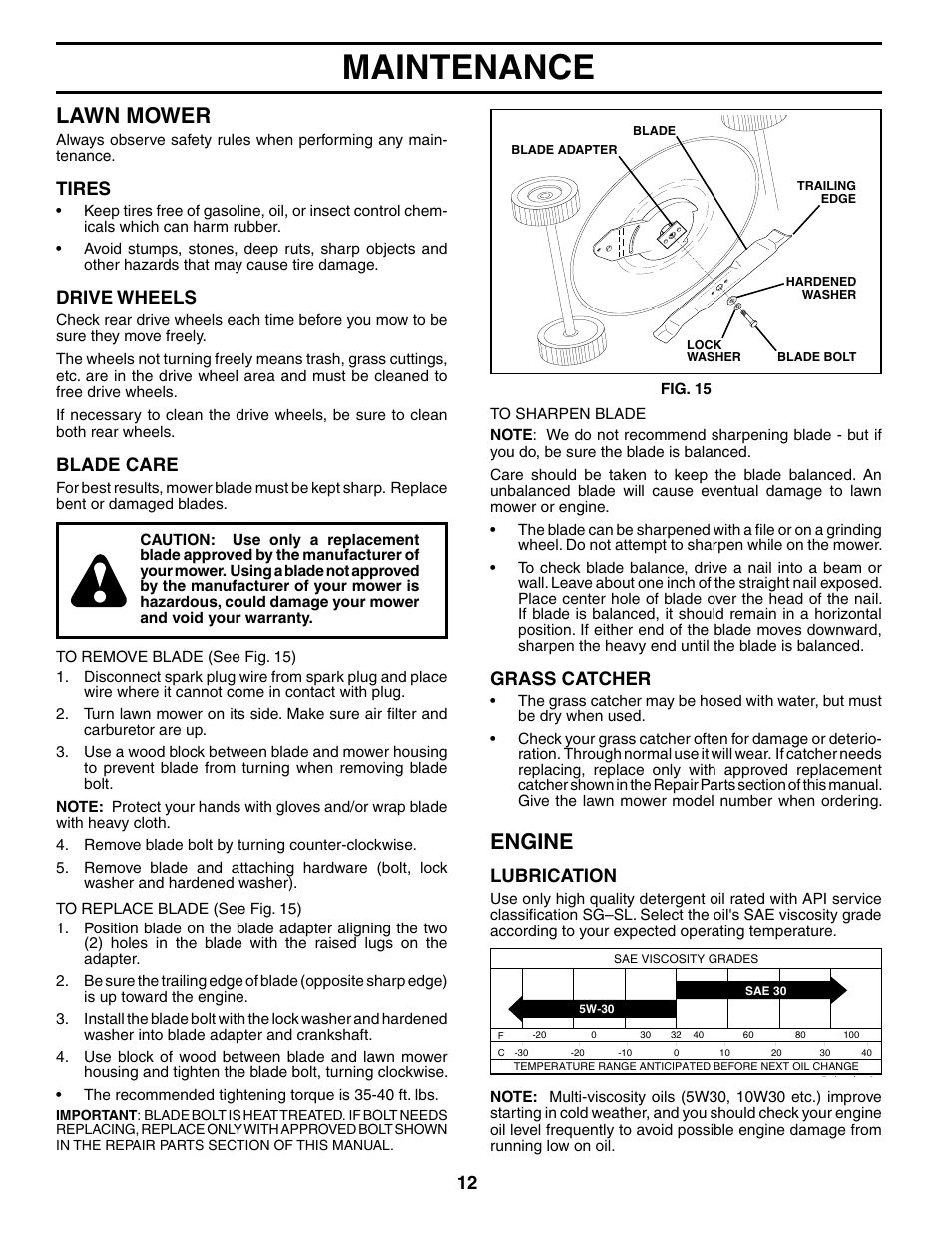 Maintenance, Lawn mower, Engine | Tires, Drive wheels, Blade care, Grass catcher, Lubrication | Husqvarna 67521HVE User Manual | Page 12 / 24