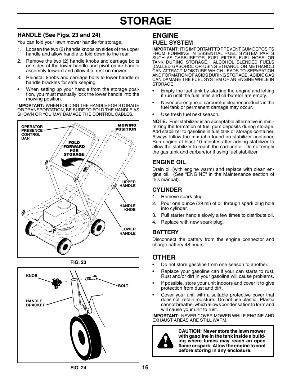Storage, Engine, Other | Husqvarna 67521HVE User Manual | Page 16 / 24
