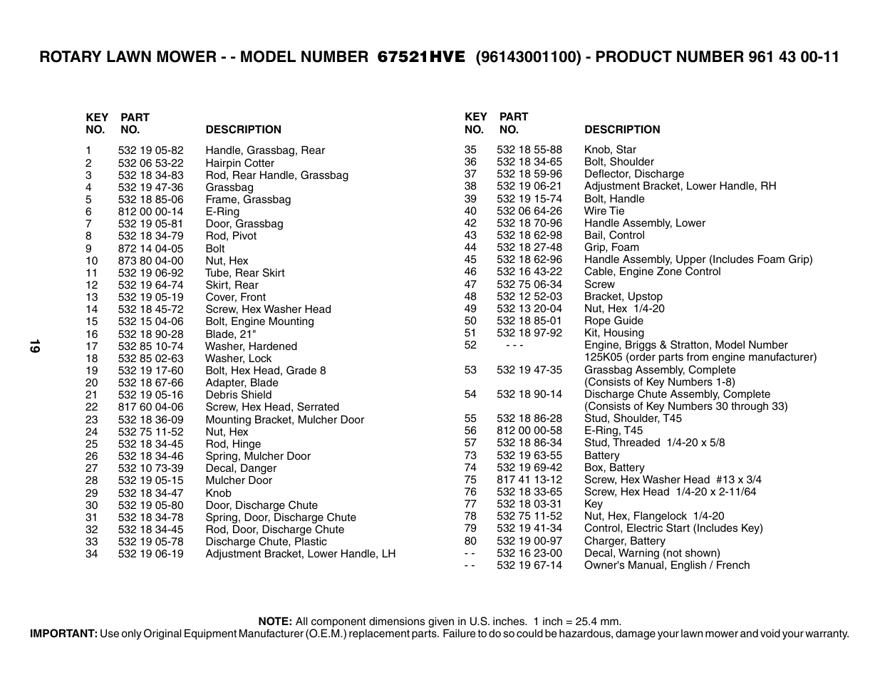 Parts list | Husqvarna 67521HVE User Manual | Page 19 / 24