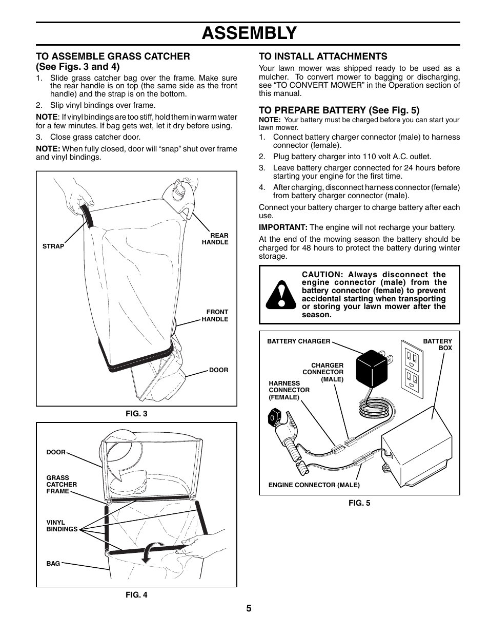Assembly, 5to assemble grass catcher (see figs. 3 and 4) | Husqvarna 67521HVE User Manual | Page 5 / 24