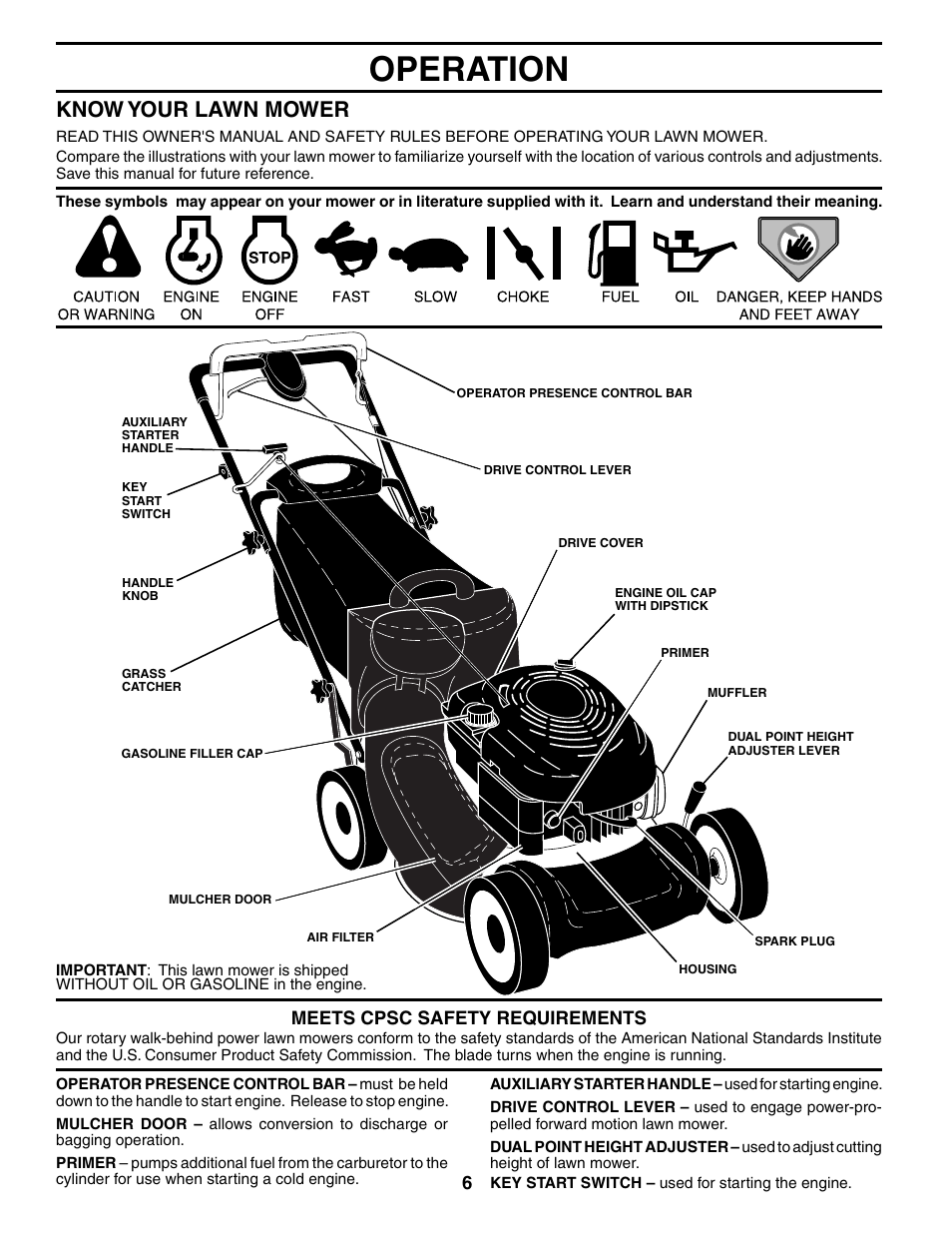 Operation, Know your lawn mower, Meets cpsc safety requirements | Husqvarna 67521HVE User Manual | Page 6 / 24