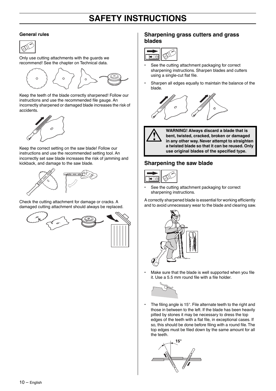 Sharpening grass cutters and grass blades, Sharpening the saw blade, Safety instructions | Husqvarna 326RX-Series User Manual | Page 10 / 36