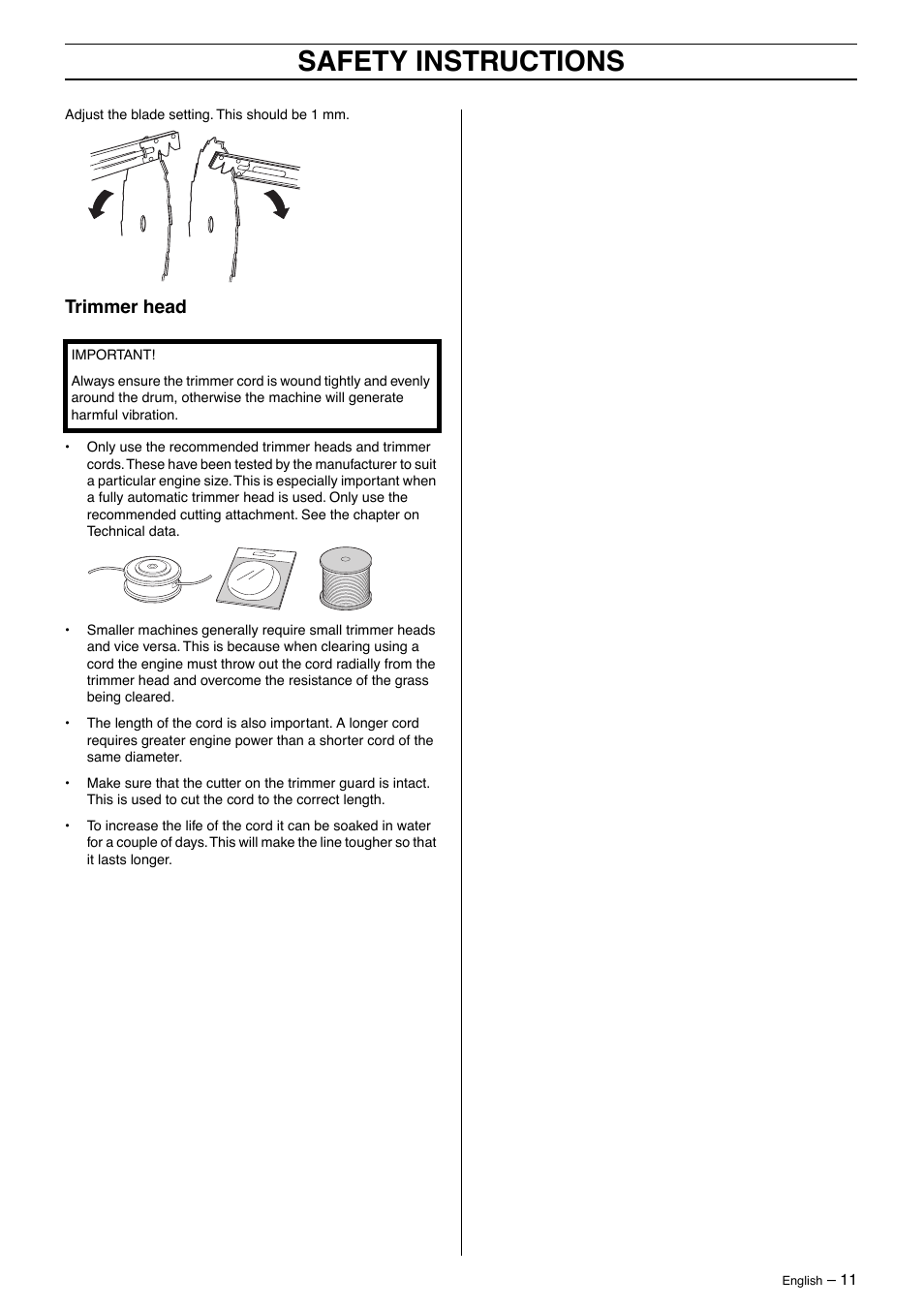 Trimmer head, Safety instructions | Husqvarna 326RX-Series User Manual | Page 11 / 36