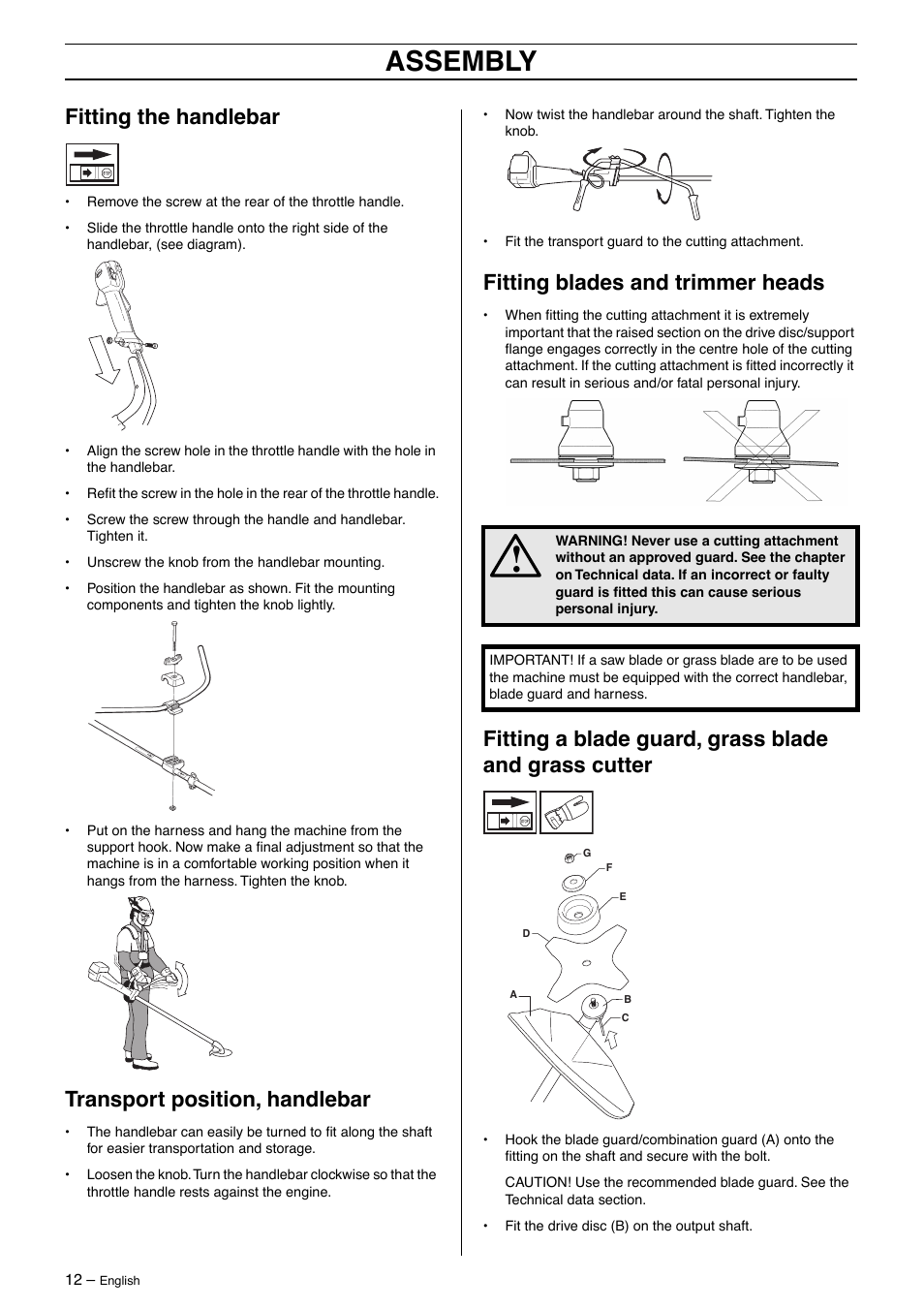 Fitting the handlebar, Transport position, handlebar, Fitting blades and trimmer heads | Assembly | Husqvarna 326RX-Series User Manual | Page 12 / 36