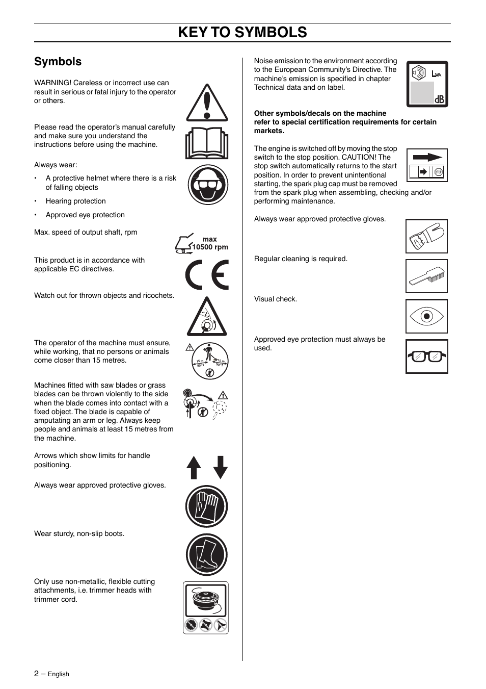 Symbols, Key to symbols | Husqvarna 326RX-Series User Manual | Page 2 / 36