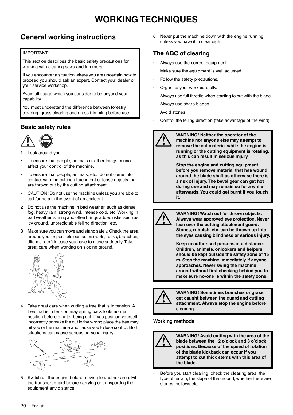 General working instructions, Basic safety rules, The abc of clearing | Working techniques | Husqvarna 326RX-Series User Manual | Page 20 / 36