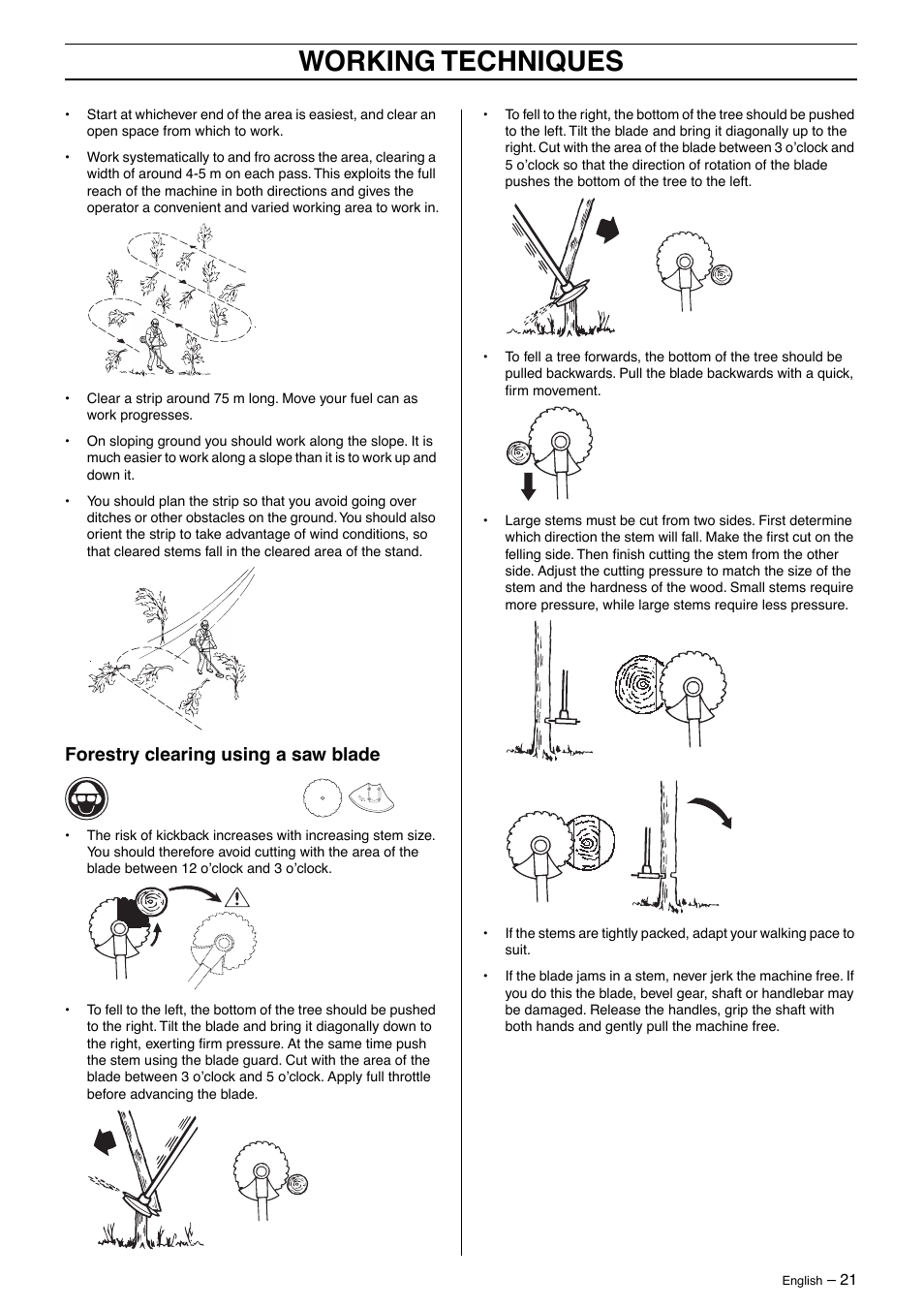 Forestry clearing using a saw blade, Working techniques | Husqvarna 326RX-Series User Manual | Page 21 / 36