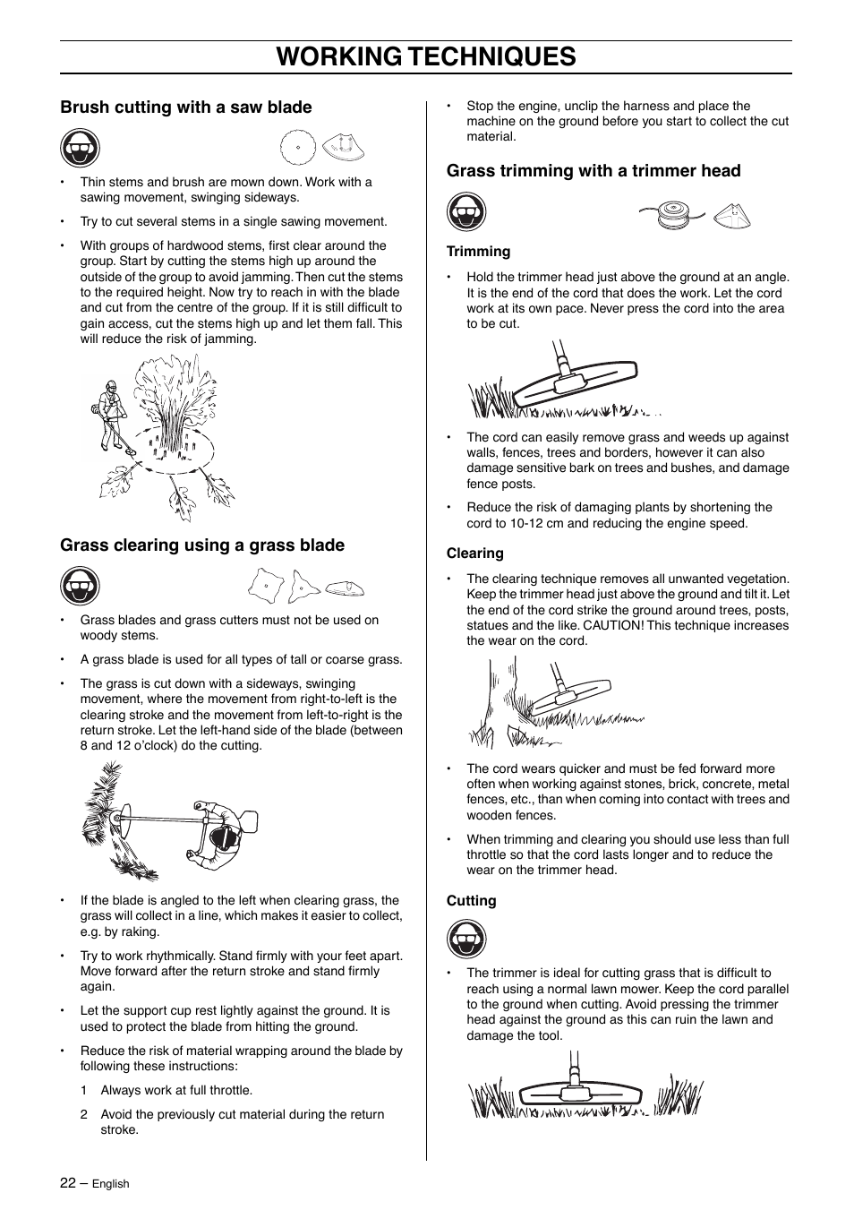 Brush cutting with a saw blade, Grass clearing using a grass blade, Grass trimming with a trimmer head | Working techniques | Husqvarna 326RX-Series User Manual | Page 22 / 36