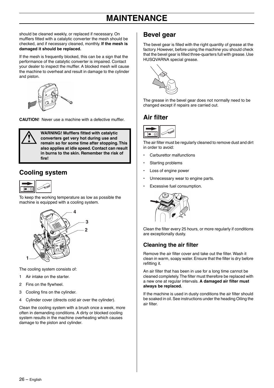 Cooling system, Bevel gear, Air filter | Cleaning the air filter, Maintenance | Husqvarna 326RX-Series User Manual | Page 26 / 36