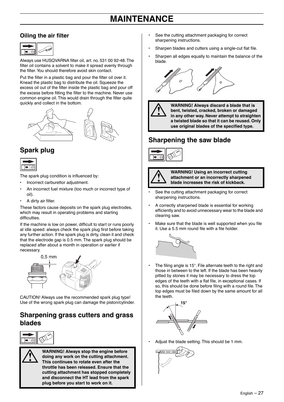 Oiling the air filter, Spark plug, Sharpening grass cutters and grass blades | Sharpening the saw blade, Maintenance | Husqvarna 326RX-Series User Manual | Page 27 / 36