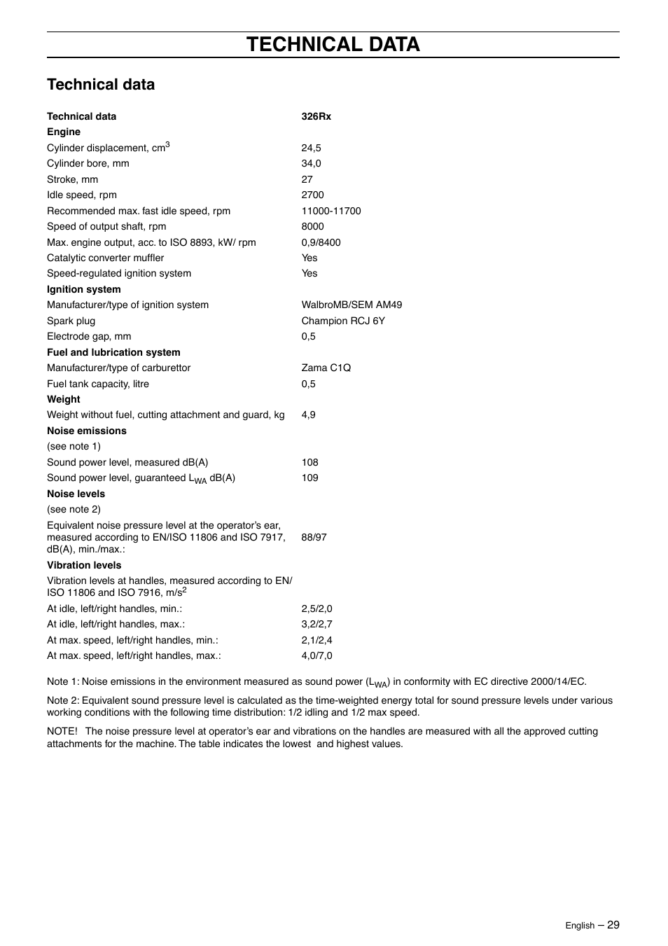 Technical data | Husqvarna 326RX-Series User Manual | Page 29 / 36