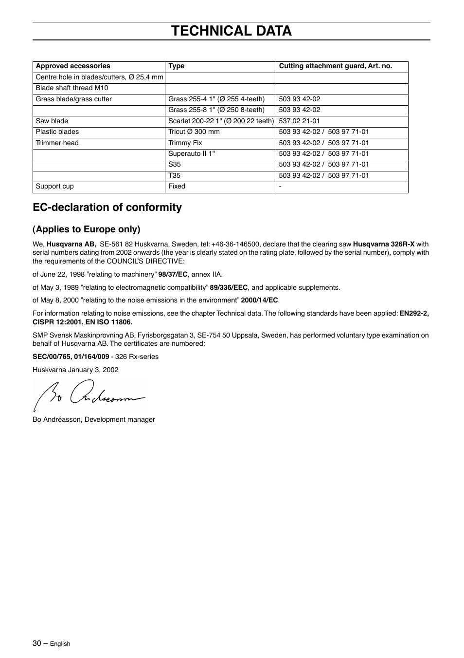 Ec-declaration of conformity, Applies to europe only), Technical data | Husqvarna 326RX-Series User Manual | Page 30 / 36