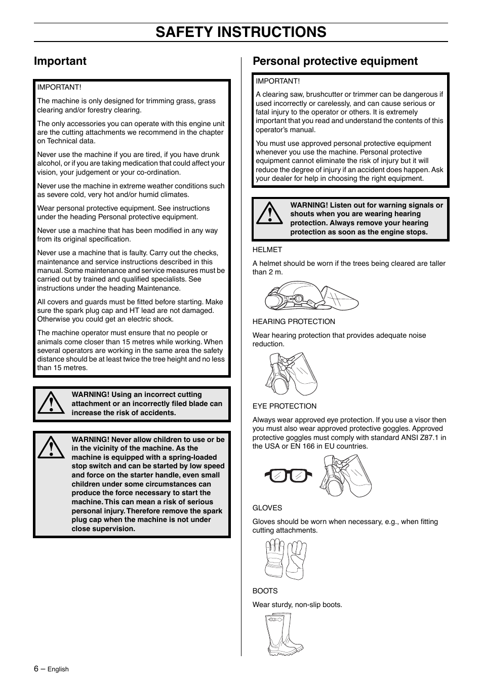 Important, Personal protective equipment, Safety instructions | Important personal protective equipment | Husqvarna 326RX-Series User Manual | Page 6 / 36