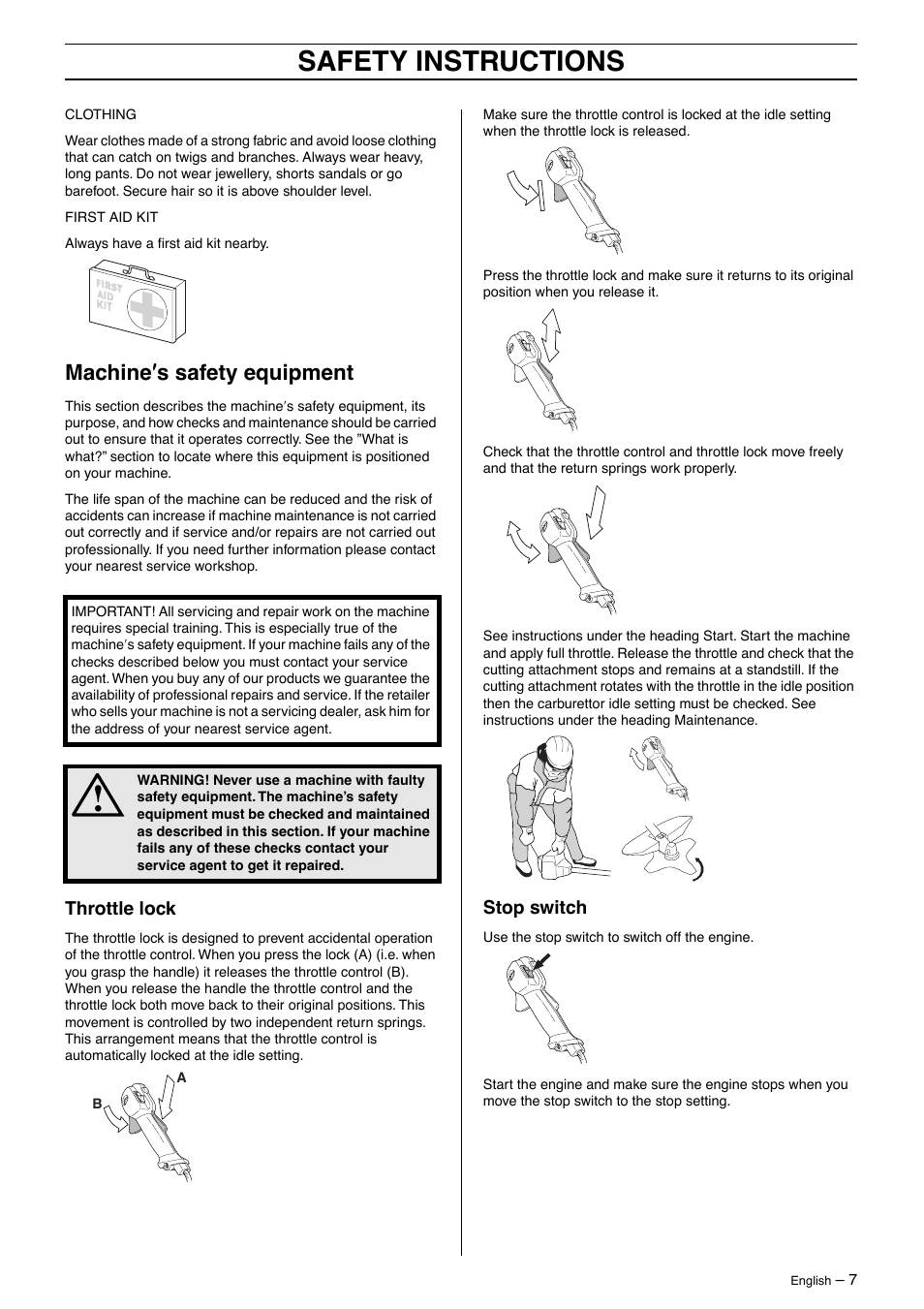 Machine¢s safety equipment, Throttle lock, Stop switch | Safety instructions, Machine ′′′′ s safety equipment | Husqvarna 326RX-Series User Manual | Page 7 / 36