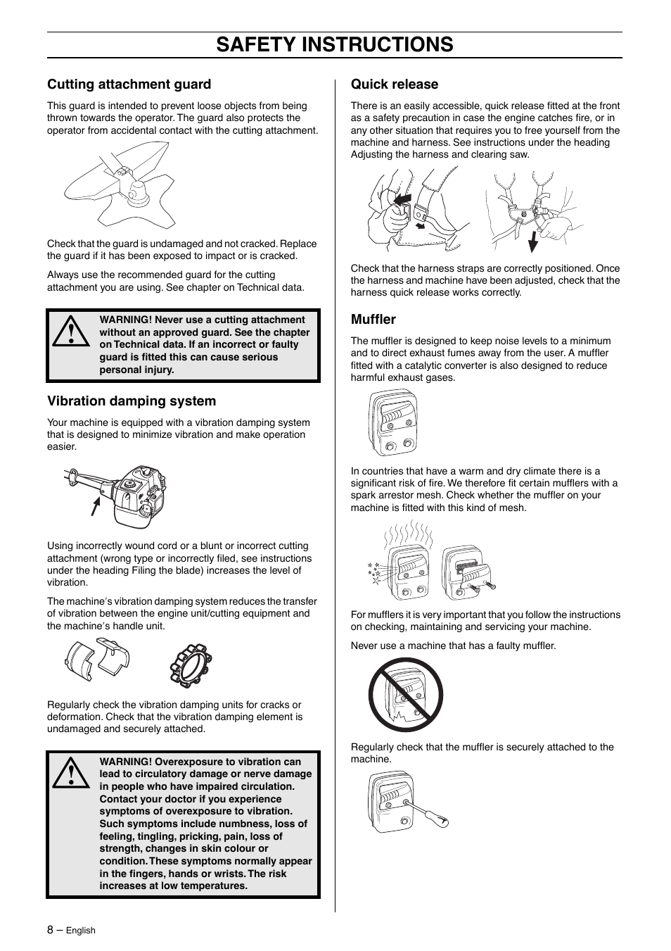 Cutting attachment guard, Vibration damping system, Quick release | Muffler, Safety instructions | Husqvarna 326RX-Series User Manual | Page 8 / 36