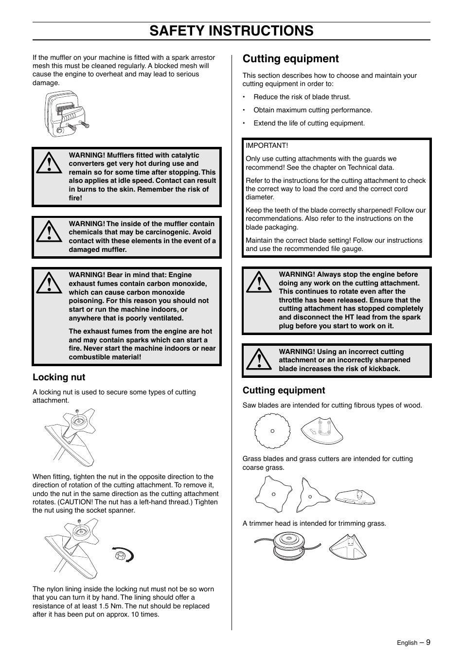 Locking nut, Cutting equipment, Safety instructions | Husqvarna 326RX-Series User Manual | Page 9 / 36