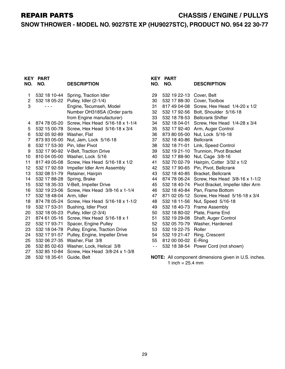 Parts list, Repair parts chassis / engine / pullys | Husqvarna 9027STE User Manual | Page 29 / 32