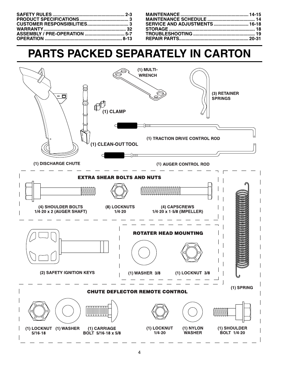 Unassembled parts, Parts packed separately in carton | Husqvarna 9027STE User Manual | Page 4 / 32