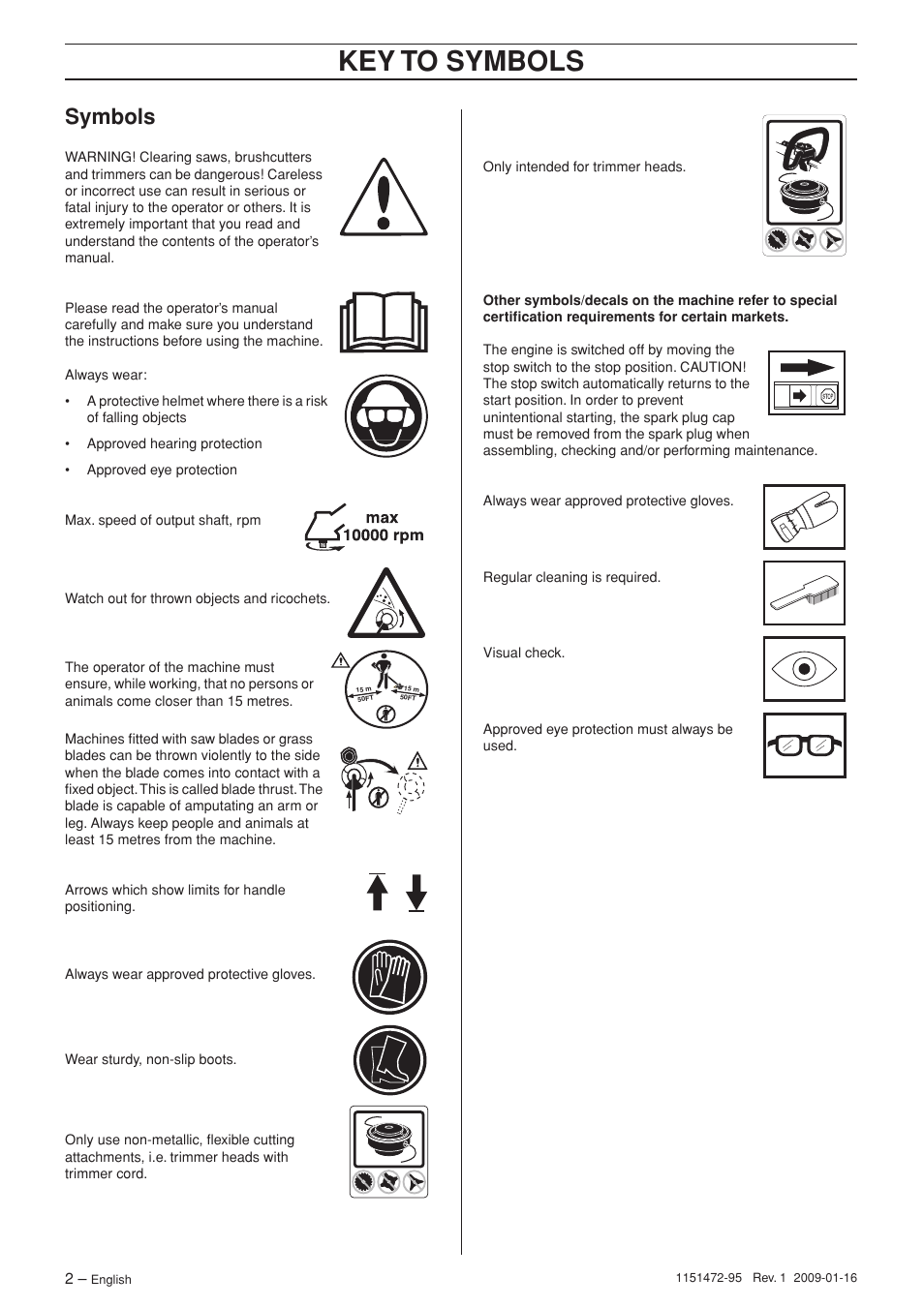 Symbols, Key t o symbols | Husqvarna Trimmer 326RJx User Manual | Page 2 / 36