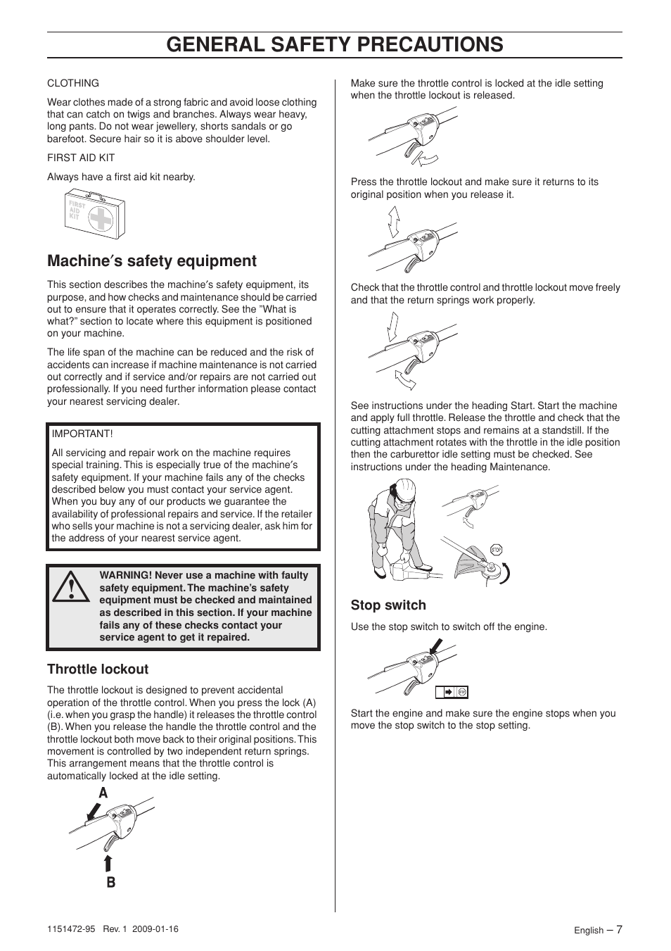 Machine¢s safety equipment, Throttle lockout, Stop switch | General safety preca utions, Machine ′ s safety equipment | Husqvarna Trimmer 326RJx User Manual | Page 7 / 36