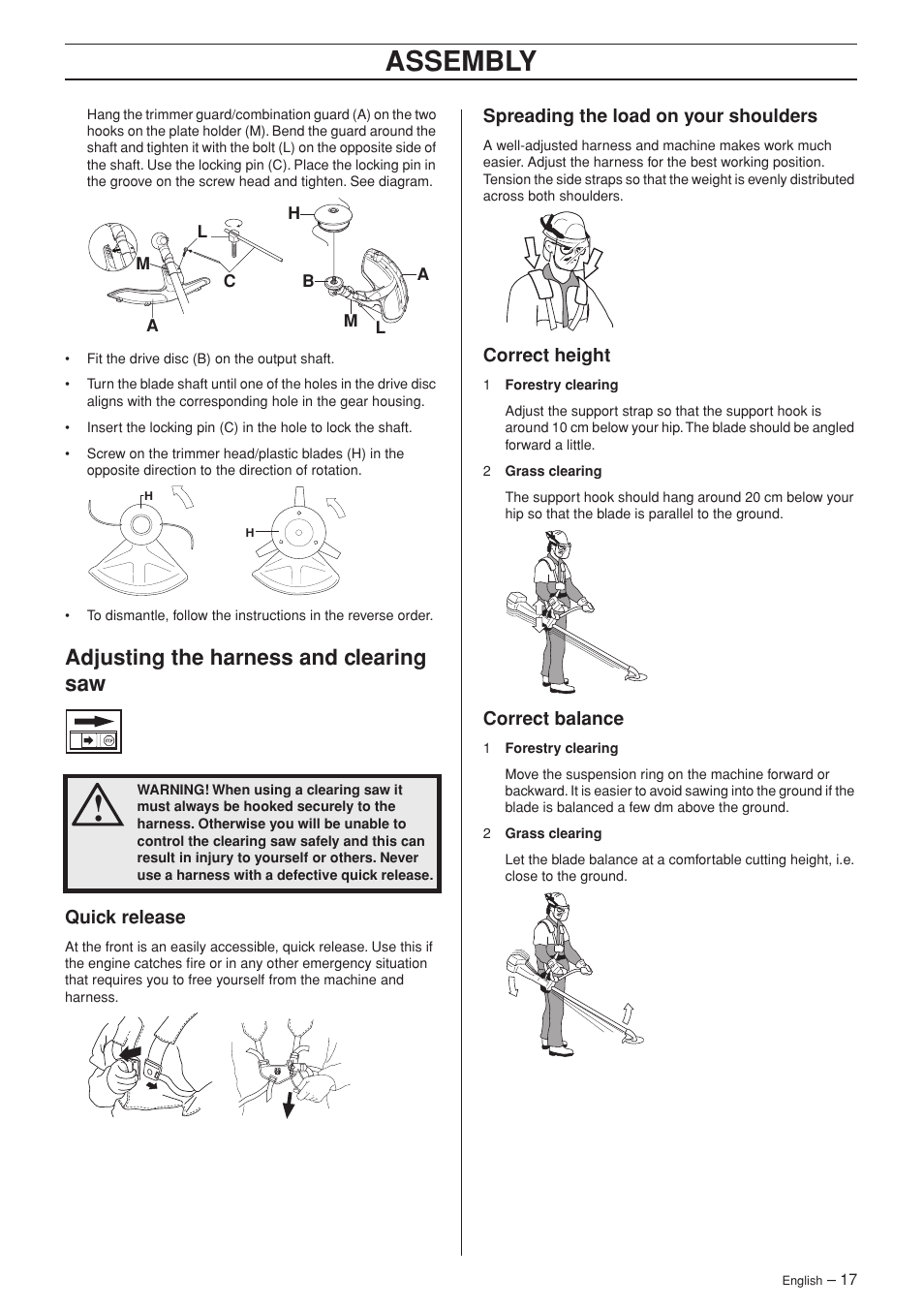 Adjusting the harness and clearing saw, Quick release, Spreading the load on your shoulders | Correct height, Correct balance, Assembly | Husqvarna 232R User Manual | Page 17 / 44