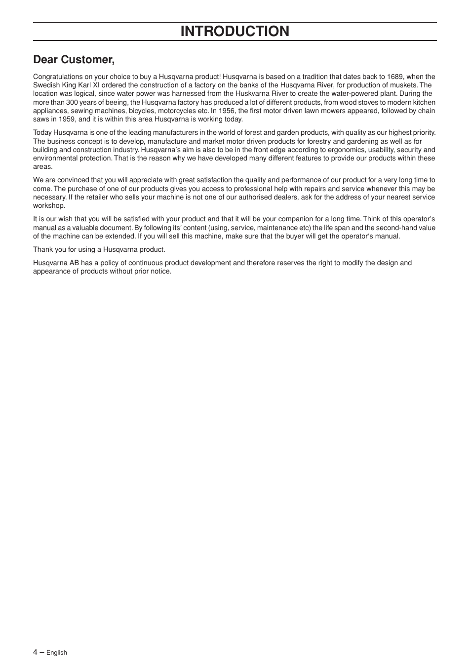 Dear customer, Intr oduction | Husqvarna 232R User Manual | Page 4 / 44