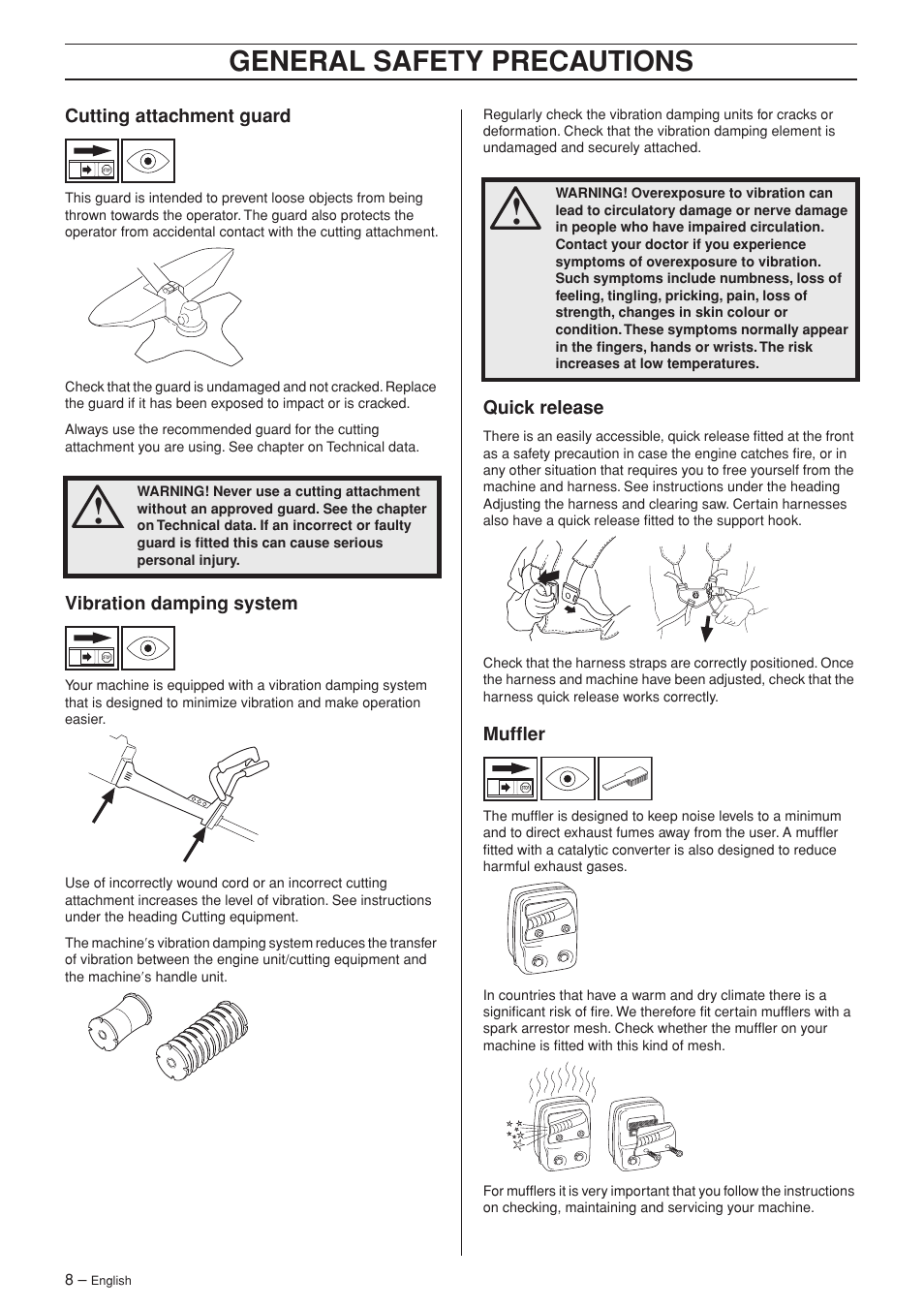 Cutting attachment guard, Vibration damping system, Quick release | Muffler, General safety precautions | Husqvarna 232R User Manual | Page 8 / 44