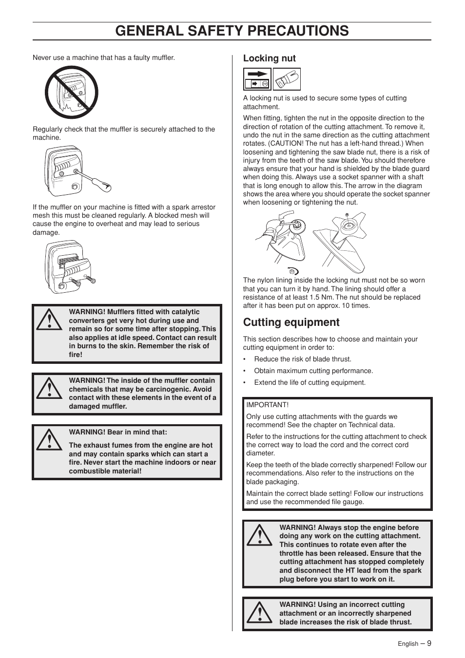 Locking nut, Cutting equipment, General safety precautions | Husqvarna 232R User Manual | Page 9 / 44