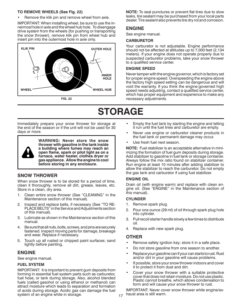 Storage | Husqvarna 924SBE User Manual | Page 17 / 32