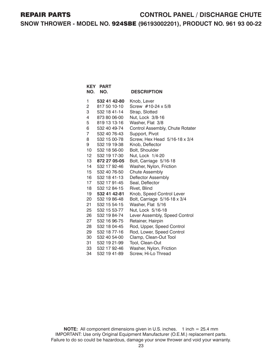 Repair parts control panel / discharge chute | Husqvarna 924SBE User Manual | Page 23 / 32