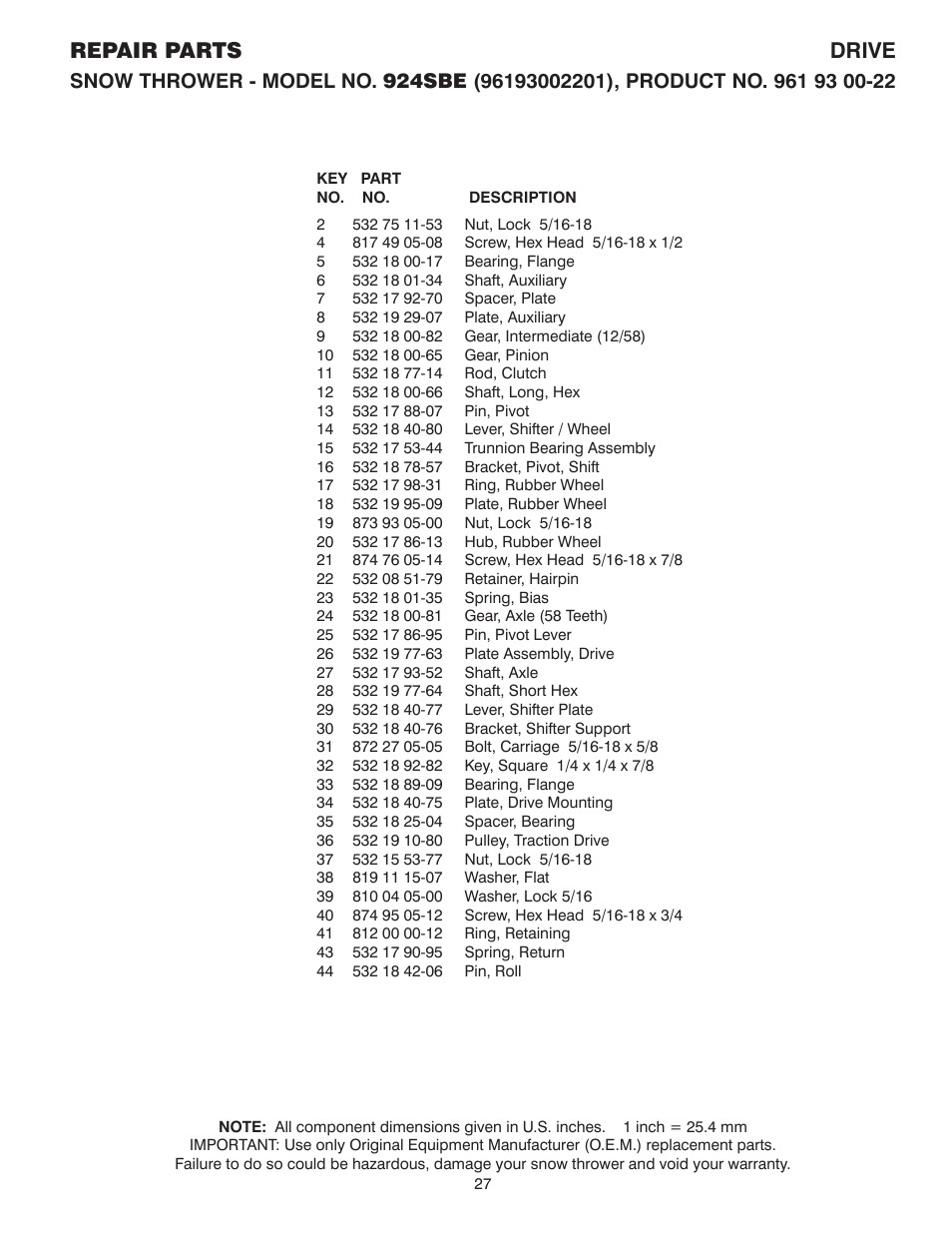 Repair parts drive | Husqvarna 924SBE User Manual | Page 27 / 32