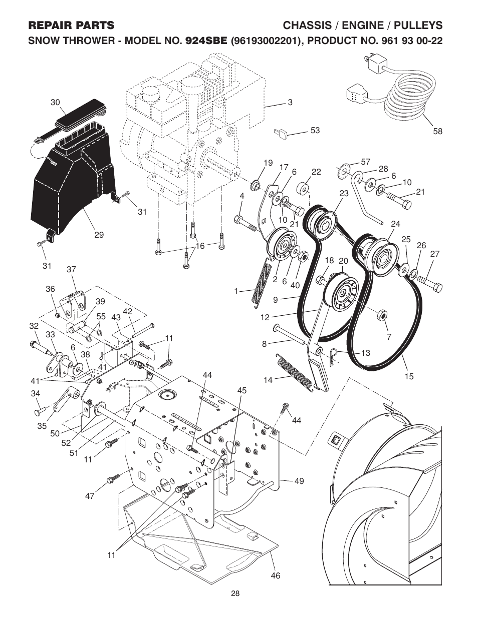 Chassis / engine / pulleys, Repair parts chassis / engine / pulleys | Husqvarna 924SBE User Manual | Page 28 / 32