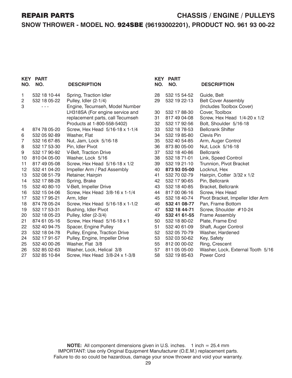 Repair parts chassis / engine / pulleys | Husqvarna 924SBE User Manual | Page 29 / 32