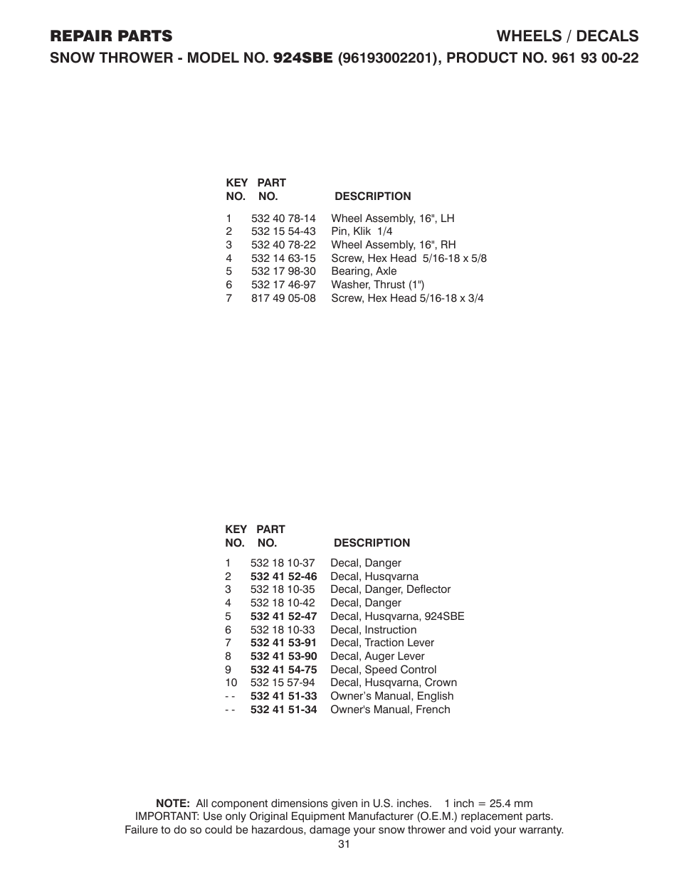 Repair parts wheels / decals | Husqvarna 924SBE User Manual | Page 31 / 32