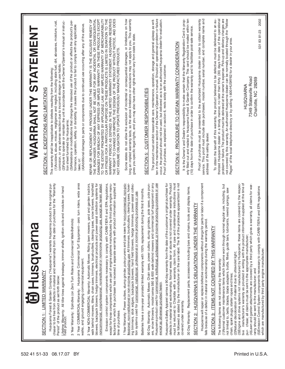 Warranty statement, Warranty st a tement | Husqvarna 924SBE User Manual | Page 32 / 32