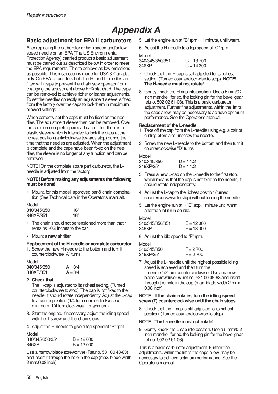 Appendix a | Husqvarna 340 User Manual | Page 51 / 52