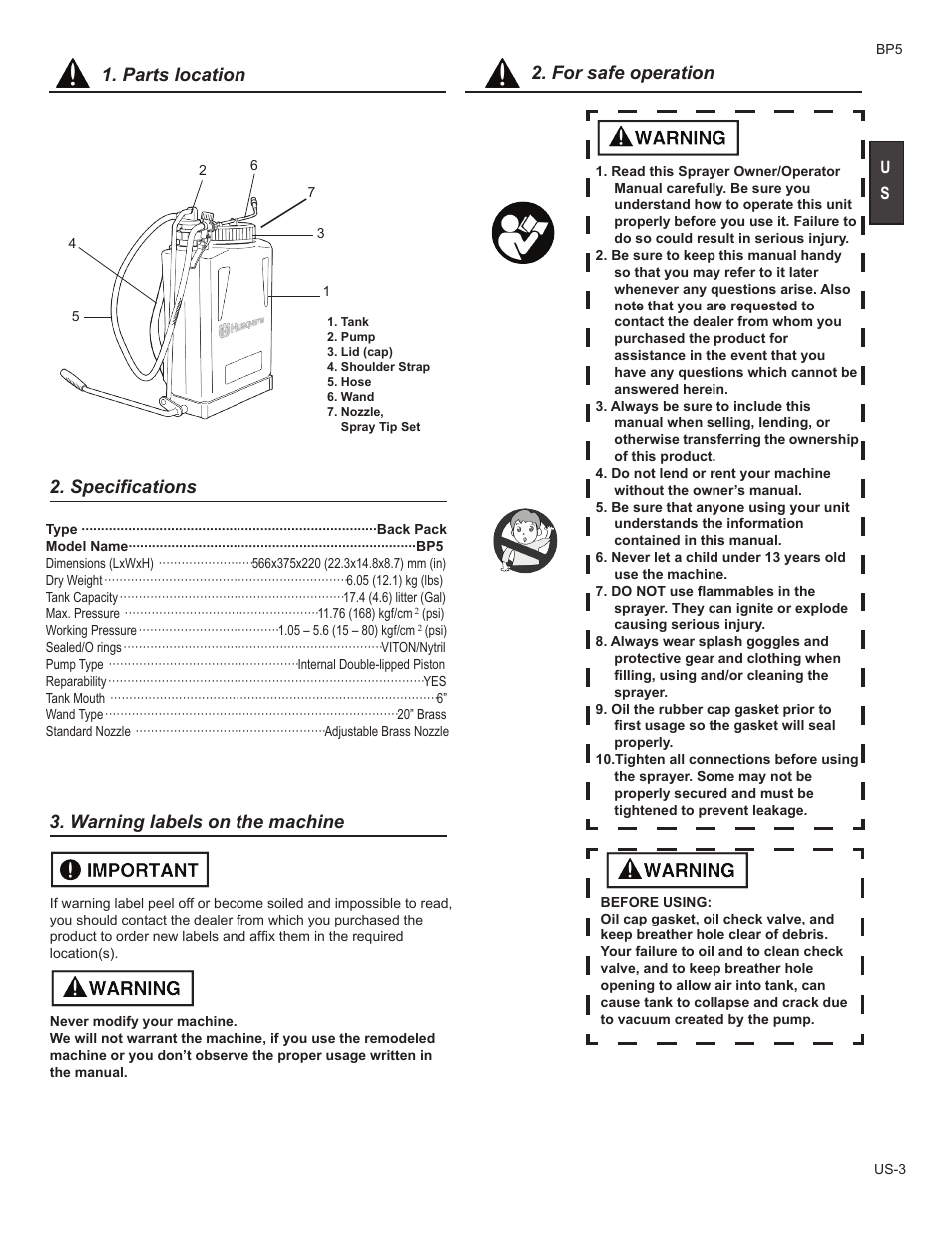 Parts location, Warning labels on the machine, For safe operation | Specifications 3. warning labels on the machine, Parts location 2. for safe operation | Husqvarna BP5 User Manual | Page 3 / 9