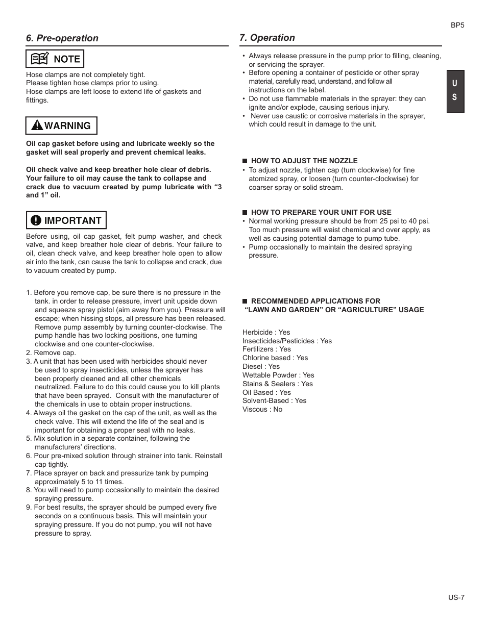 Pre-operation, Operation | Husqvarna BP5 User Manual | Page 7 / 9