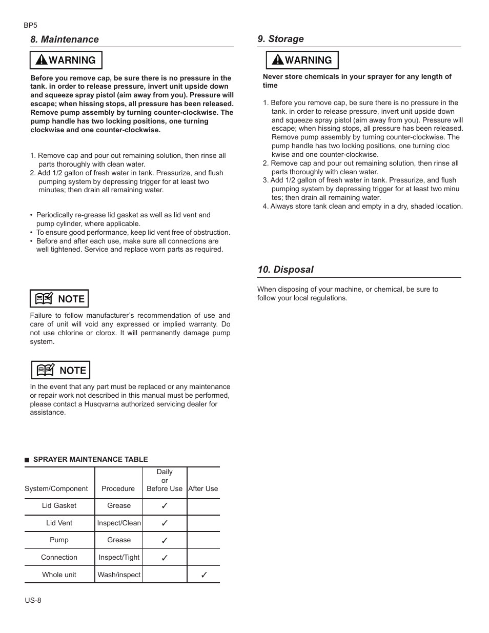 Maintenance, Storage, Disposal | Husqvarna BP5 User Manual | Page 8 / 9