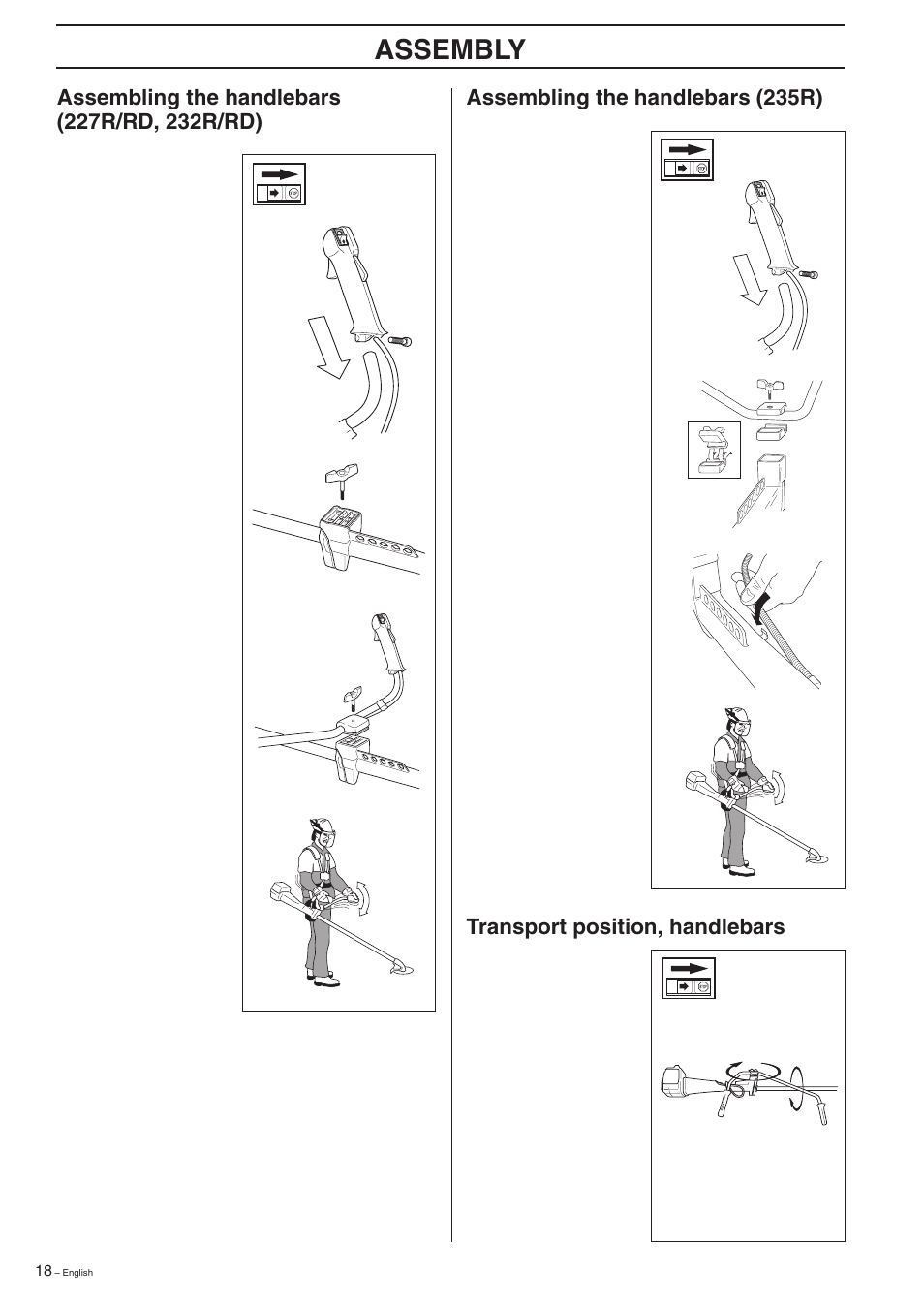 Assembly, Assembling the handlebars (235r), Transport position, handlebars | Husqvarna 227R User Manual | Page 18 / 44