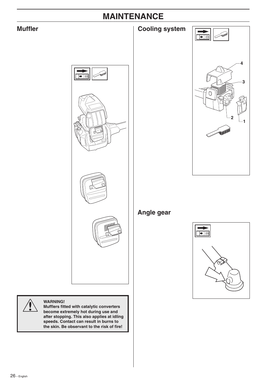 Maintenance, Cooling system, Muffler | Angle gear | Husqvarna 227R User Manual | Page 26 / 44