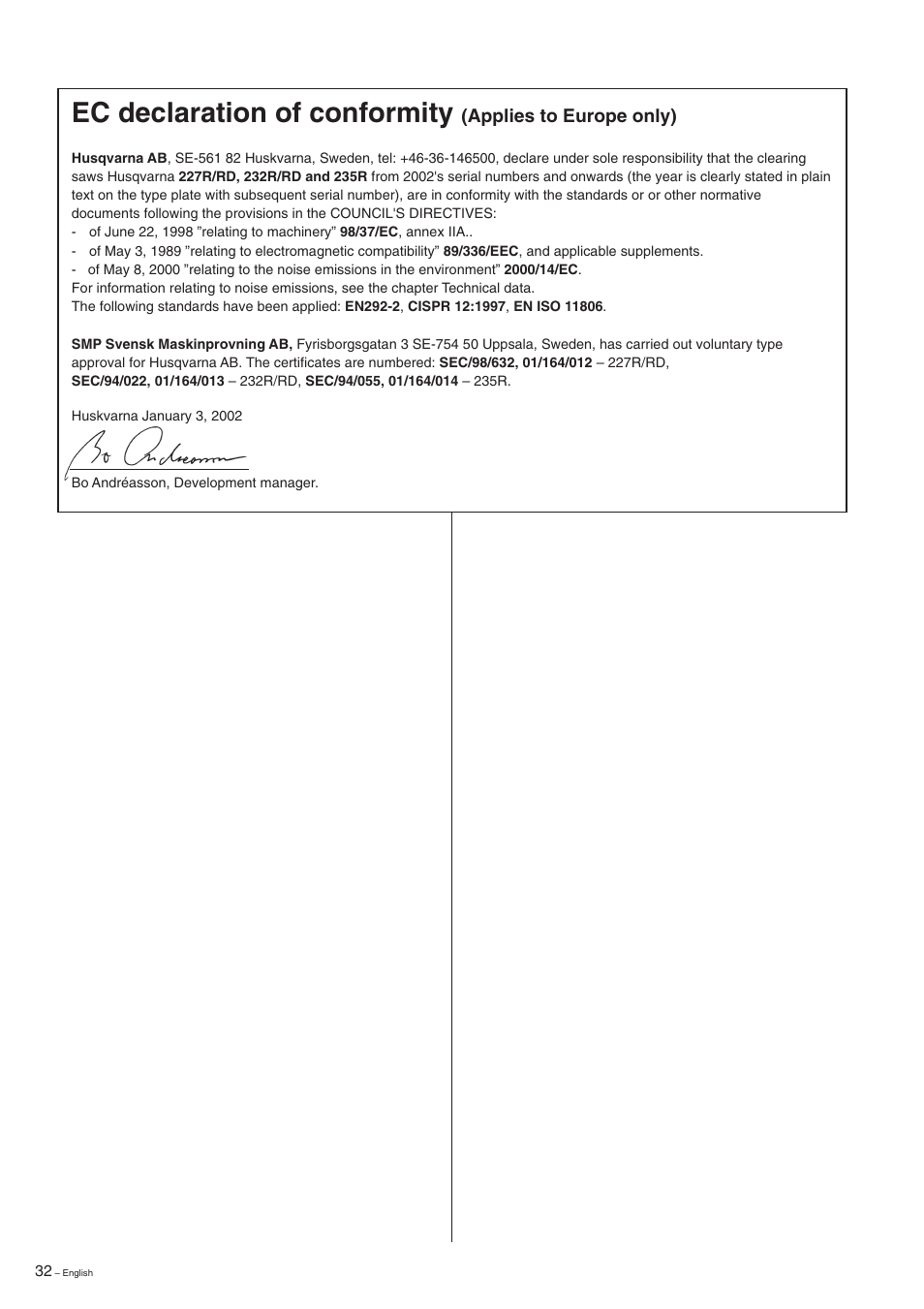 Ec declaration of conformity | Husqvarna 227R User Manual | Page 32 / 44